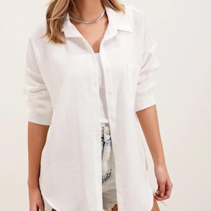 Women&#39;s Single Pocket White Oversize Linen Shirt, Women&#39;s Oversize Linen Shirt, White Linen Shirt for Women, Summer Women&#39;s Linen Shirt