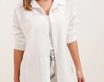 Oversized White Linen Shirt: Women's Long Sleeve Pocket Blouse