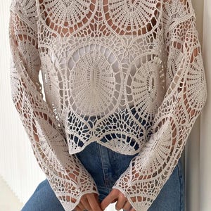 Women&#39;s Beige Standard Size Crochet Lace Blouse, Crochet Beige Blouse Lace Crochet Top Crochet Sweater Vintage Crochet, Summer Beach Blouse