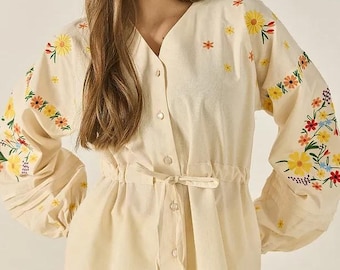 Embroidered Linen Shirt: V-Neck Boho Blouse with Waist Tie