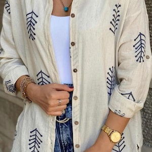 Women&#39;s Embroidered Casual Linen Cotton Shirt, Women&#39;s Linen Shirt Long Sleeves Linen Tops Loose Casual Linen Vintage Blouse, Women Clothing