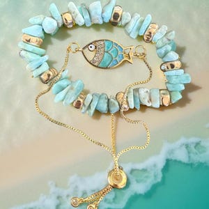 Turquoise bracelet with golden fish charm, 1 Slip-on beaded bracelet, 1 adjustable bracelet, ocean vibe, beach-style bracelet Set of 2.