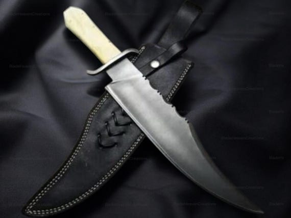 Hand Forged Bowie Knife: 5160 Spring Steel, Stabilized Bone Handle, Leather Sheath