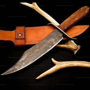 Handmade Bowie Knife: Forged Spring Steel Blade, Rosewood Handle & Leather Sheath