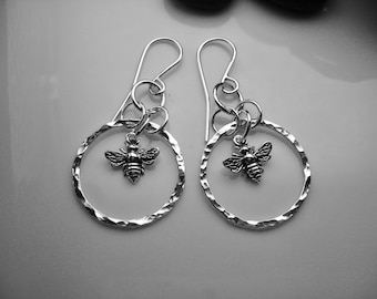 Sterling Silver Bee Dangle Earrings with Hammered .999 fine silver Hoops