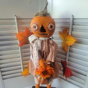Primitive handmade Harvest Pumpkin Head Girl Doll - Standing - Halloween