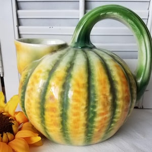 Vintage Italian hand-painted ceramic melon, gourd, pumpkin pitcher Majolica like.