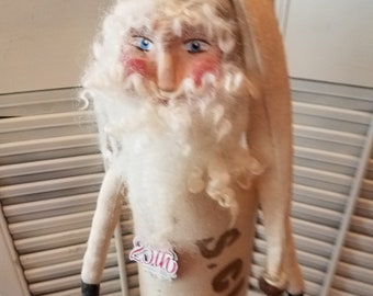 Primitive handmade  Folk art  Santa Claus doll -  sculpted clay face - OOAK - Ready to display