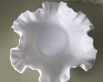 Vintage Fenton White Milk Glass Hobnail Ruffled Edge Bon Bon Dish - Candy Dish_