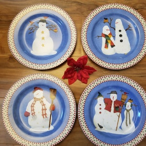 Set of 4  Vintage Salad Dessert Plates 8&quot; by  Debbie Mumm SNOWMAN 1998 Winter Scene Christmas