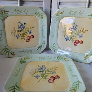 Vintage Capriware Botanicals Handbemalte Steinzeug Quadratische Vorspeisen, Dessert oder Salatteller 3er Set