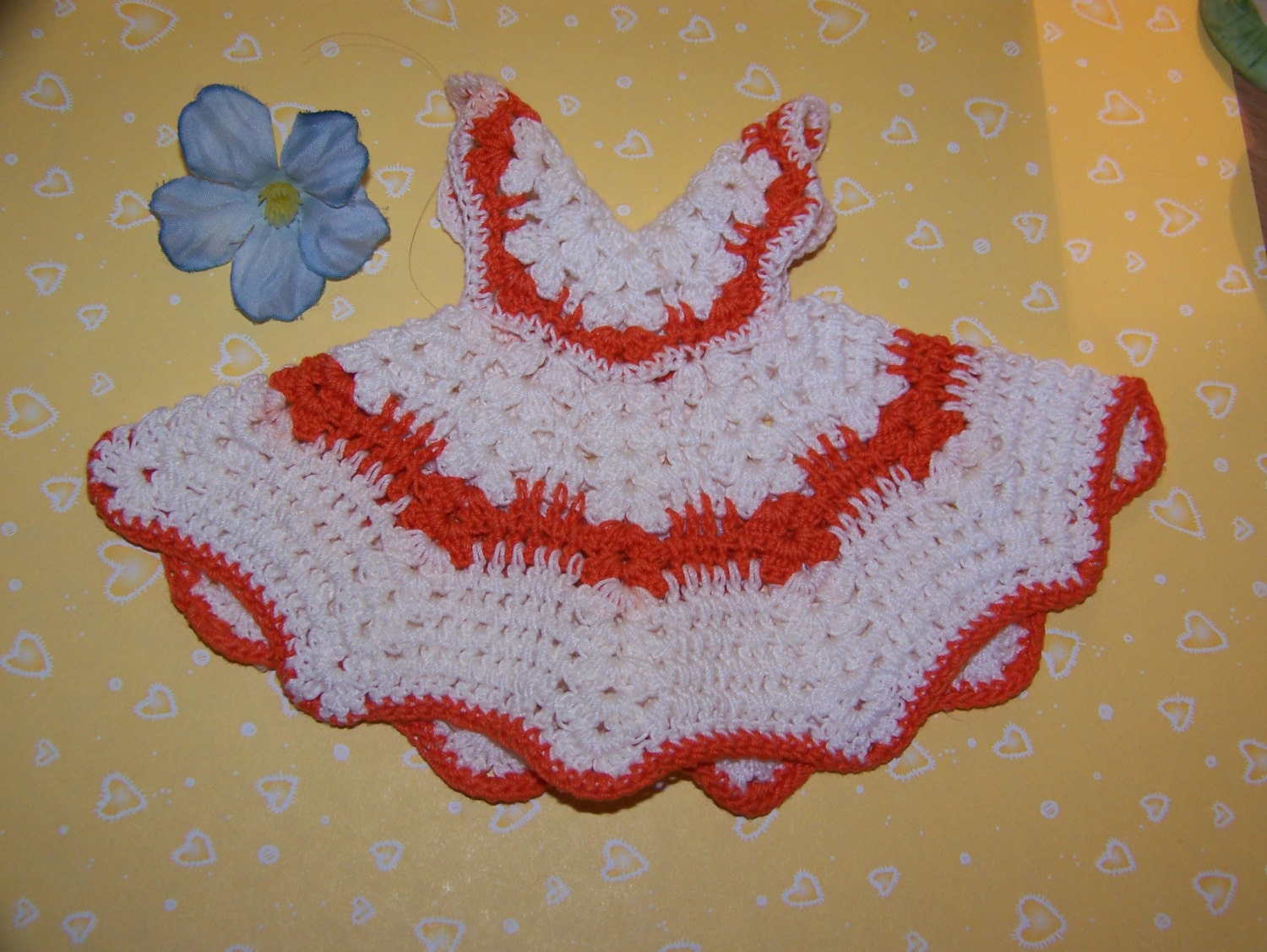 Vintage Crochet Doll Dress Pot Holder Retro Kitchen Orange and White