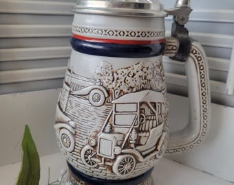 Avon 1979 Beer Stein with 1910 Stanley Steamer - 1911 Ford Model-T -  1936 MG - 1927 Bugatti