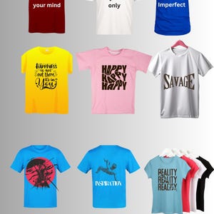 Puede incluir: Una colección de camisetas en varios colores, cada una con un gráfico y texto únicos. Las camisetas incluyen mensajes como "Be kind to your mind", "Cozy Vibes only" y "Happiness is not out there, it's in You."