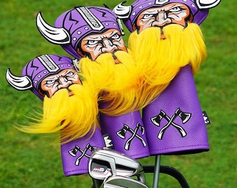 The Vikings Golf Head Cover, Purple Leather Golf Head Cover, For Driver, Hybrid, Fairway, Perfect Golf Gift