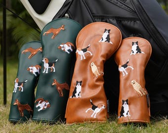 Leuke honden geborduurde golfheadcover voor driver fairway hybride, putter DF3 OZ1, golfcadeau