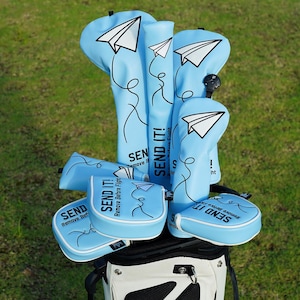Airplane Blue Golf Head Cover, Driver Headcover Fairway Wood Hybrid Mallet Blade DF3 Putter Head Covers, Perfect Golf Gift