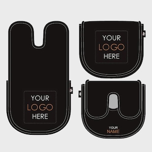 May include: Black product mockups with white stitching and the text "YOUR LOGO HERE" and "YOUR NAME". The designs include a U-shaped item, a rounded square, and a U-shaped item with a cutout.