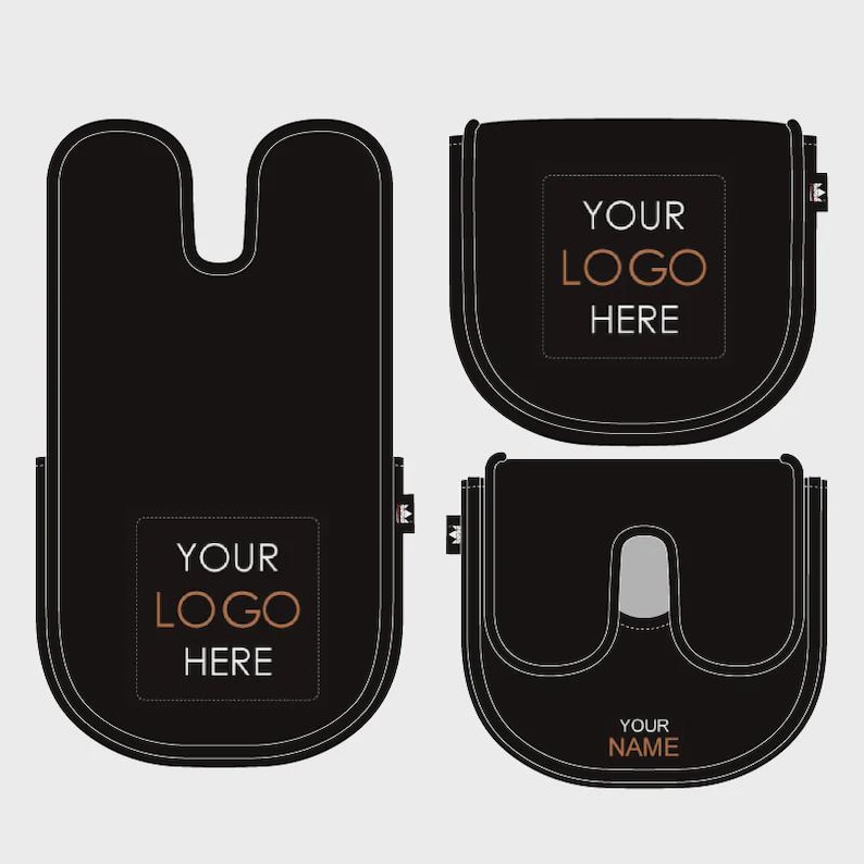 May include: Black product mockups with white stitching and the text "YOUR LOGO HERE" and "YOUR NAME". The designs include a U-shaped item, a rounded square, and a U-shaped item with a cutout.