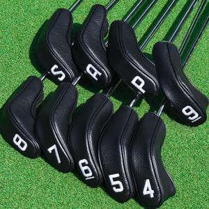 Juego de 9 fundas clásicas negras para palos de golf (4-9, P, A, S), protector de hierros, ideal para golfistas.