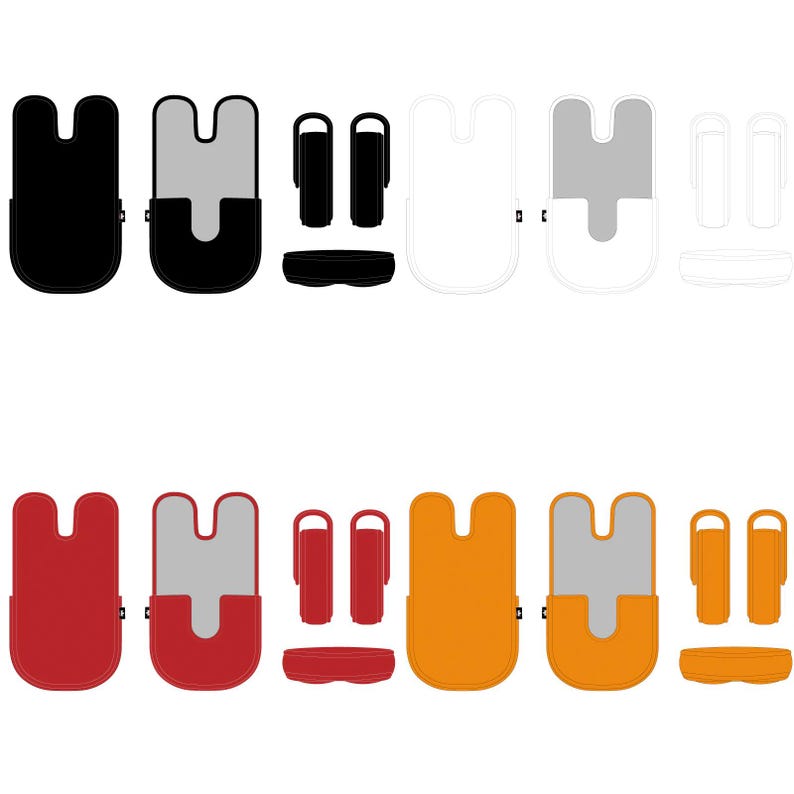 May include: A selection of minimalist cases and accessories in various colours. Designs include a black case with a grey interior, a white case, and red and orange variations. Accessories include matching earbud cases and bands.