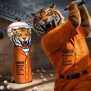 Op de afbeelding: Een oranje golfclubhoofdhoes met een tijgerontwerp en het woord "CHARGE". De afbeelding toont een persoon met een tijgerkop die een oranje overall draagt, die een golfclub zwaait. De tekst op de overall luidt: "Zijn speelvaardigheden zijn te sterk voor zijn tegenstanders."
