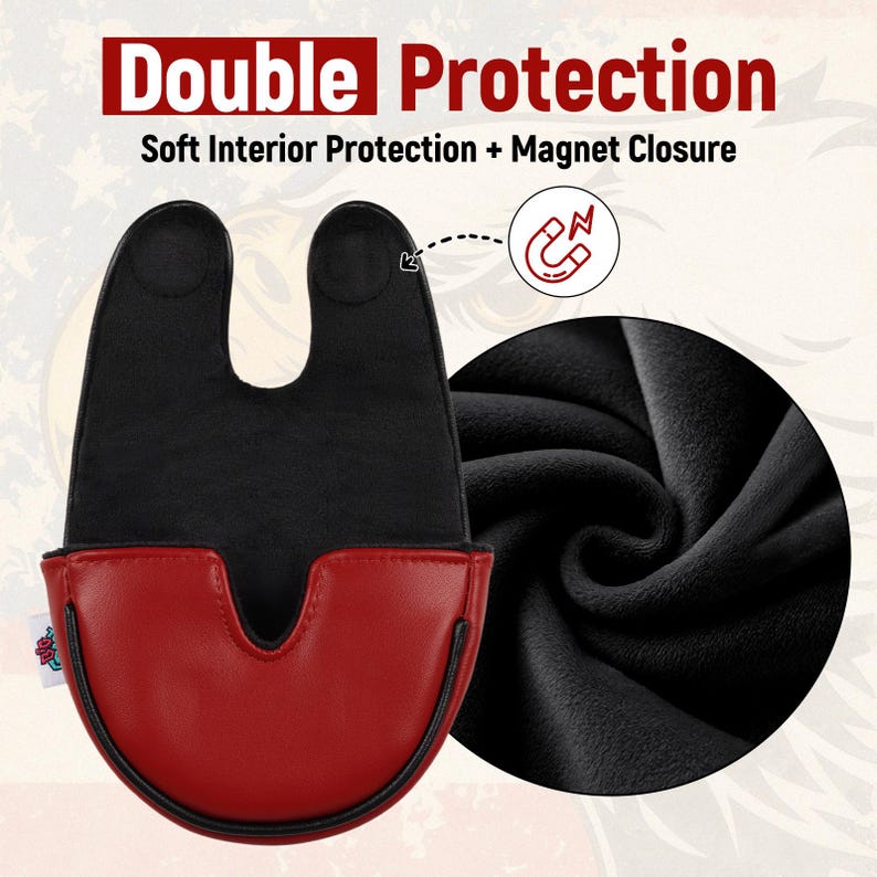 Peut inclure: Une housse de t&ecirc;te de club de golf rouge et noire avec les mots "Double Protection" en haut. La housse a un int&eacute;rieur doux et une fermeture magn&eacute;tique. La housse est rouge en bas et noire en haut.