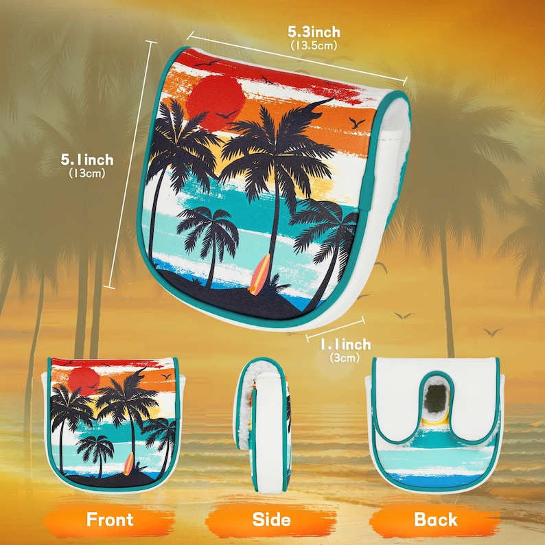 May include: A golf club head cover with a tropical sunset design featuring palm trees, a surfboard, and a red sun. The cover is white with a teal trim and measures 5.3 inches (13.5cm) wide, 5.1 inches (13cm) high, and 1.1 inches (3cm) thick.