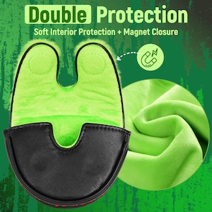 Pode incluir: Capa para cabe&ccedil;a de taco de golfe preta e verde com o texto "Double Protection". A capa tem um interior verde-lim&atilde;o macio e um fecho magn&eacute;tico. O exterior &eacute; preto com costuras vermelhas.