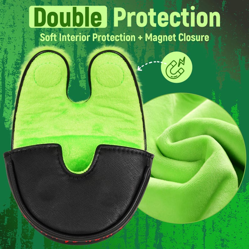 Pode incluir: Capa para cabe&ccedil;a de taco de golfe preta e verde com o texto "Double Protection". A capa tem um interior verde-lim&atilde;o macio e um fecho magn&eacute;tico. O exterior &eacute; preto com costuras vermelhas.