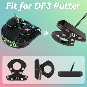 Puede incluir: Funda negra para la cabeza del putter de golf con detalles en verde y azul, y un putter de golf negro a juego. La funda del putter tiene el texto "Byrdie" en verde. El putter es negro con el texto "DF3".