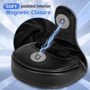 Może przedstawiać: Czarny pokrowiec na gł&oacute;wkę kija golfowego z teksturowanym zewnętrzem i miękkim, wyściełanym wnętrzem. Posiada magnetyczne zamknięcie i tekst "SOFT padded interior Magnetic Closure". Zaprojektowany do ochrony kij&oacute;w golfowych.