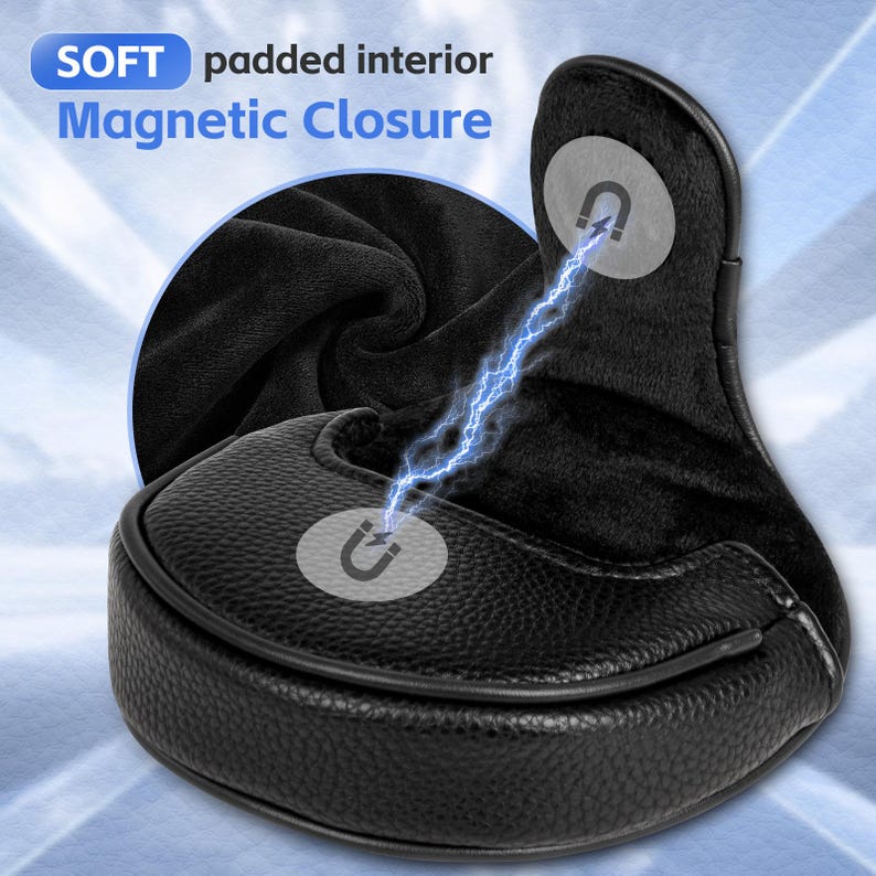 Może przedstawiać: Czarny pokrowiec na gł&oacute;wkę kija golfowego z teksturowanym zewnętrzem i miękkim, wyściełanym wnętrzem. Posiada magnetyczne zamknięcie i tekst "SOFT padded interior Magnetic Closure". Zaprojektowany do ochrony kij&oacute;w golfowych.