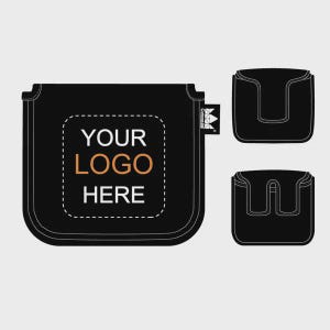May include: Black golf club head cover with the text "YOUR LOGO HERE" in white and orange. The cover has a square shape with rounded corners and a small tag. Two additional covers are shown.