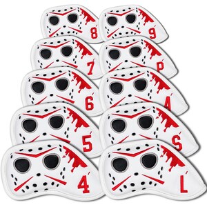 Hockey Jason Inspired Mask Funny Golf Headcover, Driver Fairway Hybrid mallet Putter, Blade putter, LAB DF3/OZ1, Iron cover set, Golf gift 10pcs Iron cover set