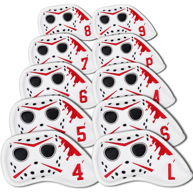 Hockey Jason Inspired Mask Funny Golf Headcover, Driver Fairway Hybrid mallet Putter, Blade putter, LAB DF3/OZ1, Iron cover set, Golf gift 10pcs Iron cover set