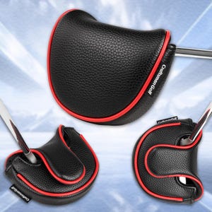 Może przedstawiać: Czarny pokrowiec na gł&oacute;wkę puttera golfowego z czerwonym wykończeniem. Pokrowiec wykonany jest z teksturowanego materiału i zawiera napis "Craftsman Golf". Pokrowiec ma chronić gł&oacute;wkę puttera.