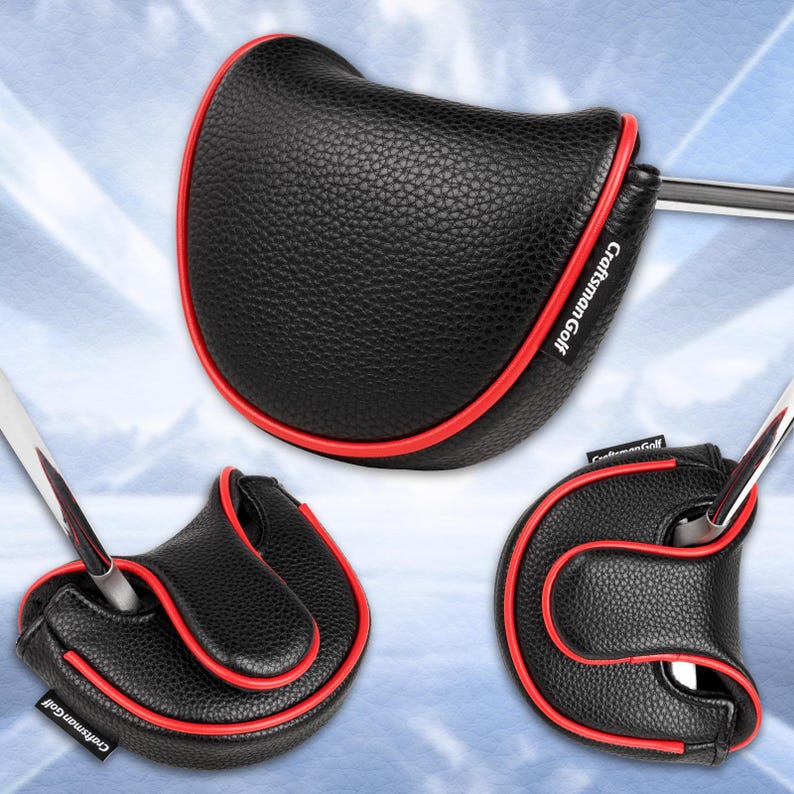 Może przedstawiać: Czarny pokrowiec na gł&oacute;wkę puttera golfowego z czerwonym wykończeniem. Pokrowiec wykonany jest z teksturowanego materiału i zawiera napis "Craftsman Golf". Pokrowiec ma chronić gł&oacute;wkę puttera.