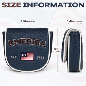 May include: A navy blue mallet putter headcover with white piping, featuring the embroidered text AMERICA, EST, 1776, and a US flag. Dimensions are 5.9 inches wide, 5.1 inches high, and 1.4 inches deep, as indicated by the size information labels.