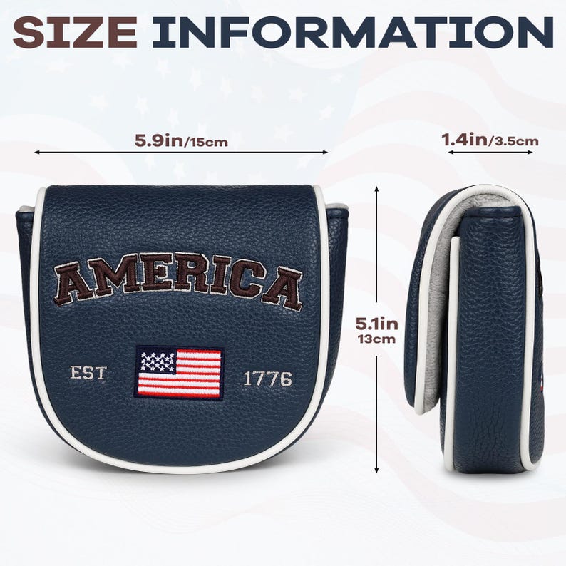 May include: A navy blue mallet putter headcover with white piping, featuring the embroidered text AMERICA, EST, 1776, and a US flag. Dimensions are 5.9 inches wide, 5.1 inches high, and 1.4 inches deep, as indicated by the size information labels.