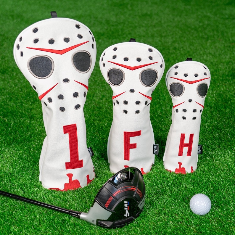 Hockey Jason Inspired Mask Funny Golf Headcover, Driver Fairway Hybrid mallet Putter, Blade putter, LAB DF3/OZ1, Iron cover set, Golf gift image 1