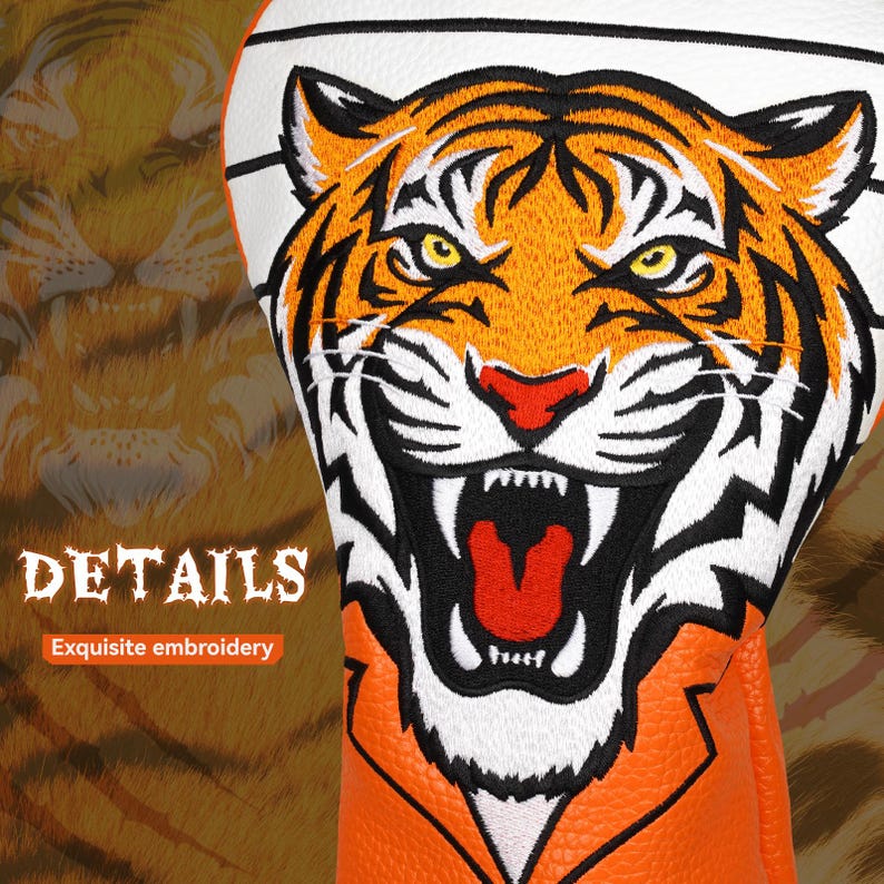 Op de afbeelding: Golfclub hoes met een geborduurd tijgergezicht in oranje, zwart en wit. De hoes heeft een witte bovenkant en een oranje basis. De tekst "DETAILS" en "Exquisite embroidery" zijn zichtbaar.