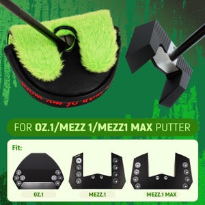 Pode incluir: Uma capa para a cabe&ccedil;a do putter de golfe preta e verde com um interior difuso verde lim&atilde;o. A capa tem texto vermelho e &eacute; combinada com um taco de golfe preto. A imagem tamb&eacute;m mostra tr&ecirc;s cabe&ccedil;as de putter pretas com o texto "OZ.1", "MEZZ.1" e "MEZZ.1 MAX".
