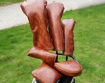Lederbruine headcover golf, mes mallet putterhoes driver fairwayhouten headcover hoes, magnetisch