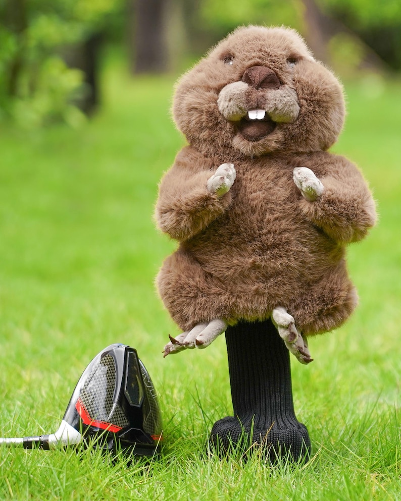 Puede incluir: Una funda para la cabeza del palo de golf de castor marr&oacute;n de felpa con una funda negra tipo calcet&iacute;n. El castor tiene una expresi&oacute;n sonriente y est&aacute; de pie sobre un palo de golf. La cabeza del palo de golf es negra con detalles rojos, sobre hierba verde.