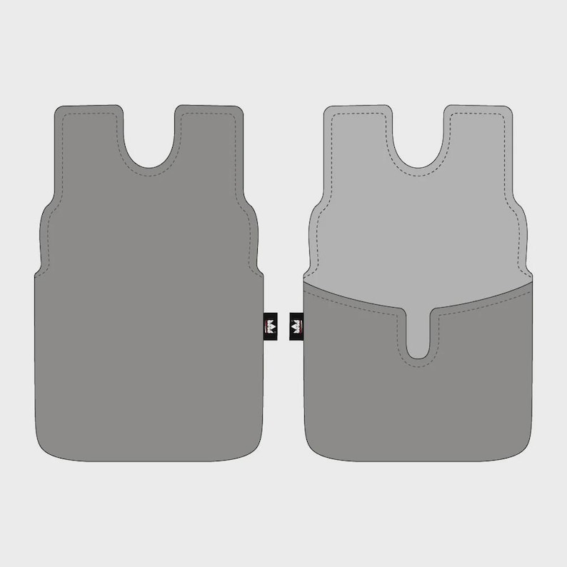 May include: Two gray, minimalist phone cases. One is closed, the other open, revealing a lighter gray interior. Each case has a curved top and a small tag with a crown logo. The cases are designed with a simple, functional aesthetic.