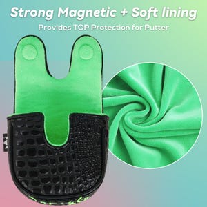 Puede incluir: Funda de putter negra con textura de piel de cocodrilo e interior verde brillante. La funda tiene cierre magn&eacute;tico y forro suave para protecci&oacute;n. El texto "Strong Magnetic + Soft lining" y "Provides TOP Protection for Putter" es visible.