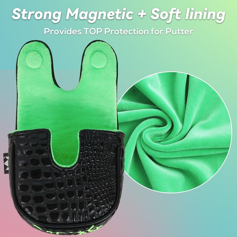 Puede incluir: Funda de putter negra con textura de piel de cocodrilo e interior verde brillante. La funda tiene cierre magn&eacute;tico y forro suave para protecci&oacute;n. El texto "Strong Magnetic + Soft lining" y "Provides TOP Protection for Putter" es visible.