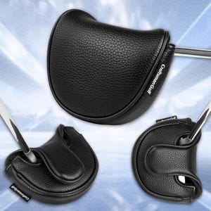 Może przedstawiać: Czarne sk&oacute;rzane pokrowce na głowę puttera golfowego z białym napisem "Craftsman Golf". Pokrowce mają teksturowaną powierzchnię i są przeznaczone do ochrony gł&oacute;wki puttera. Obraz przedstawia trzy r&oacute;żne widoki pokrowca.