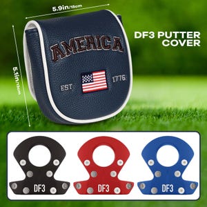 May include: A navy blue DF3 putter cover with white trim, featuring the embroidered text AMERICA, EST 1776, and a US flag. Dimensions are 5.9 inches by 5.1 inches. Below are three metal putter weights in black, red, and blue, each labeled DF3.